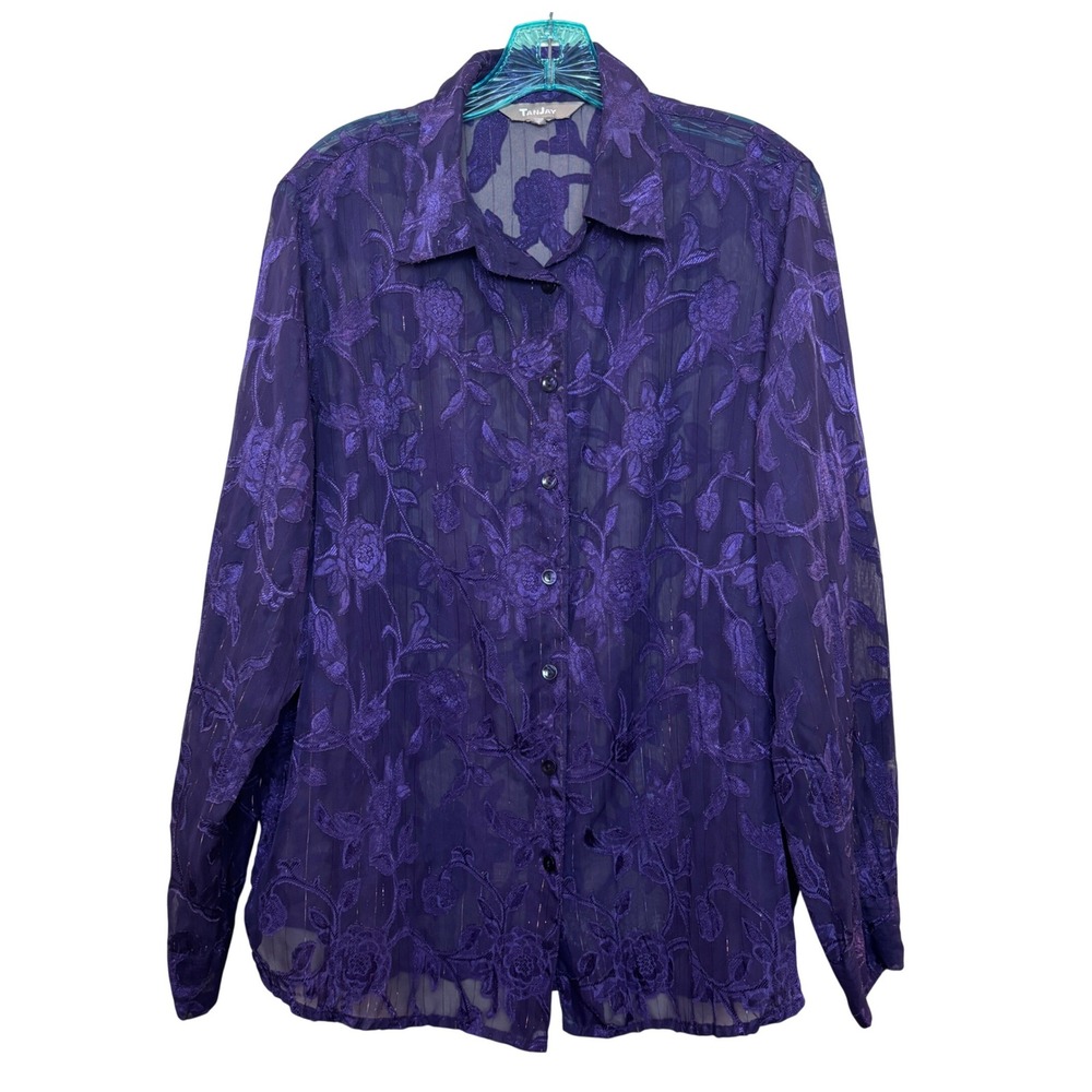 TanJay Button Down Blouse Womens 16 Purple Floral Burnout Sheer Metallic Stripe